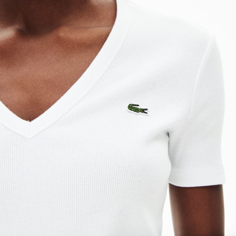 Lacoste Soft Bavlněné V-Neck T-shirt Bílé | 9Ye9ghlZ