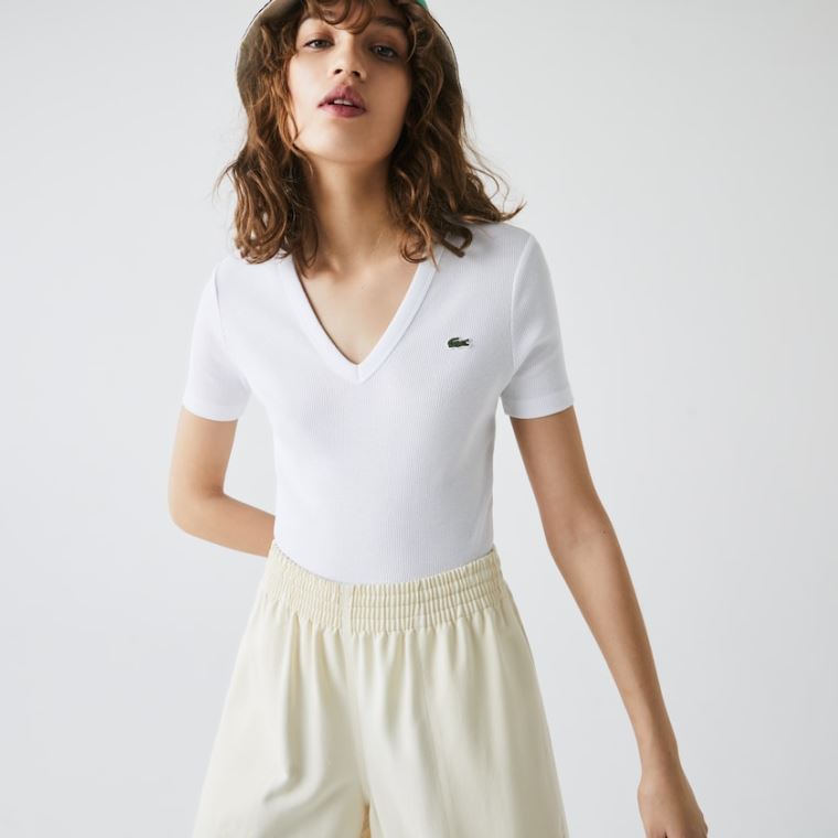 Lacoste Soft Bavlněné V-Neck T-shirt Bílé | 9Ye9ghlZ