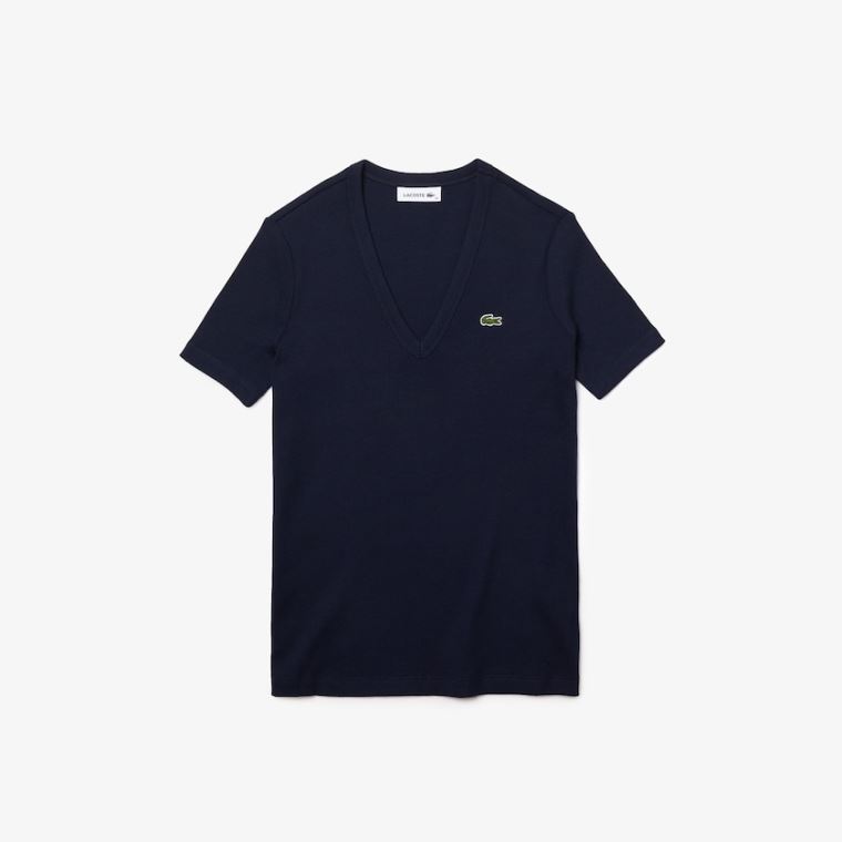 Lacoste Soft Bavlněné V-Neck T-shirt Tmavě Blankyt Blankyt | b55ux24h