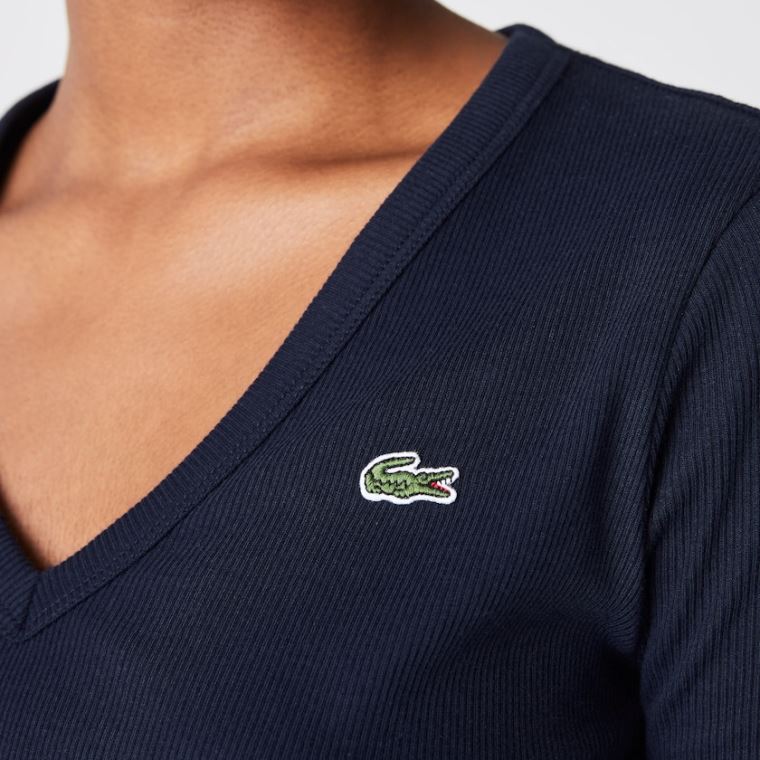 Lacoste Soft Bavlněné V-Neck T-shirt Tmavě Blankyt Blankyt | b55ux24h