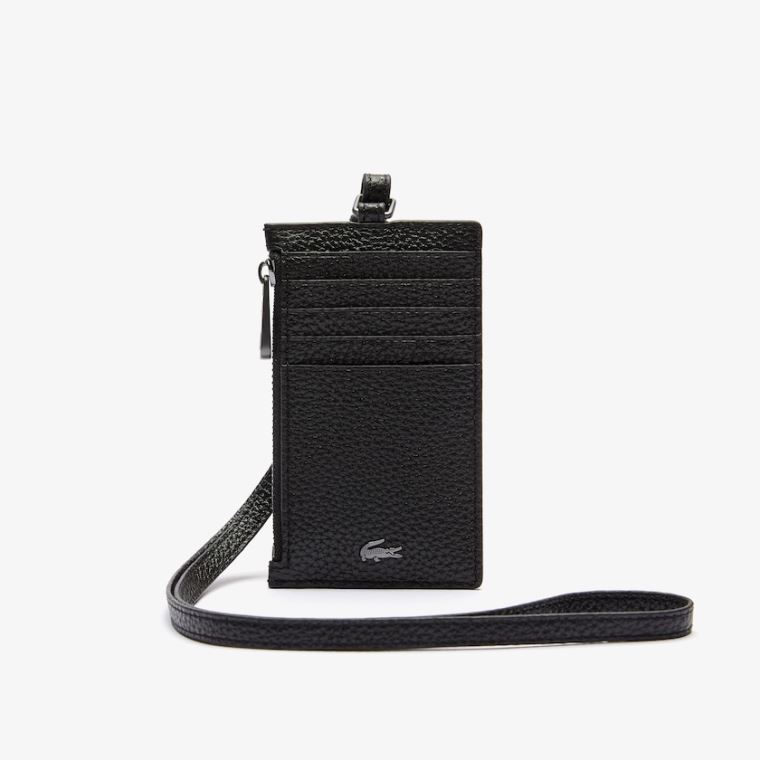 Lacoste Soft Mate Full-Grain Læder Zippered Badge Holder Černé | 5LTda9U8