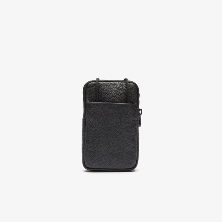 Lacoste Soft Mate Matte Full-Grain Læder Necklace Phone Wallet Černé | iDDG97iq