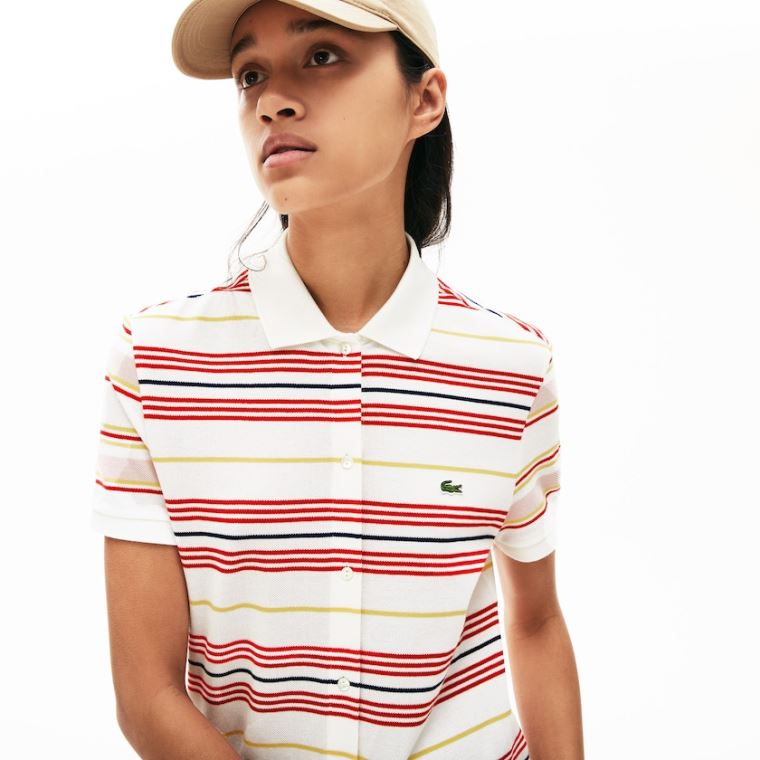 Lacoste Striped Bavlněné Buttoned Polo Šaty Bílé Červené Žluté Tmavě Blankyt Blankyt Světle Růžové | PO7ymYF6