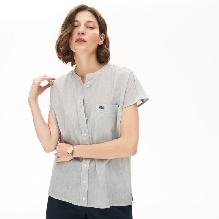 Lacoste Striped Linen And Bavlněné Blend Shirt Bílé Tmavě Blankyt Blankyt | 9xIdHzw6