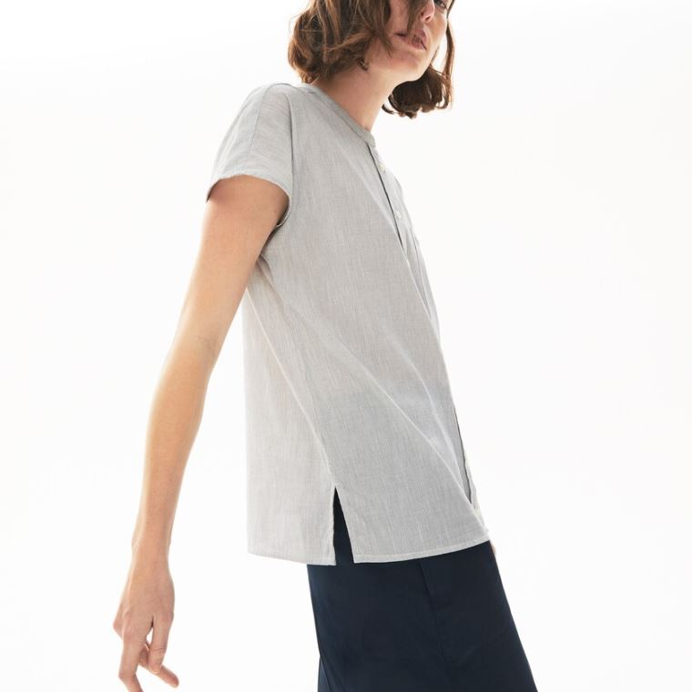 Lacoste Striped Linen And Bavlněné Blend Shirt Bílé Tmavě Blankyt Blankyt | 9xIdHzw6