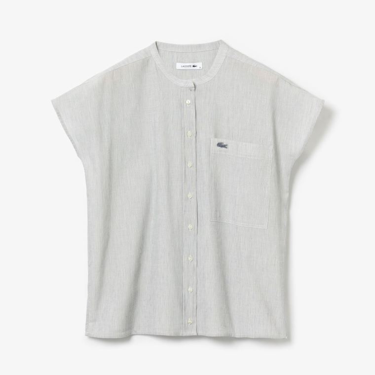 Lacoste Striped Linen And Bavlněné Blend Shirt Bílé Tmavě Blankyt Blankyt | 9xIdHzw6