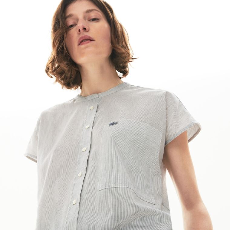 Lacoste Striped Linen And Bavlněné Blend Shirt Bílé Tmavě Blankyt Blankyt | 9xIdHzw6