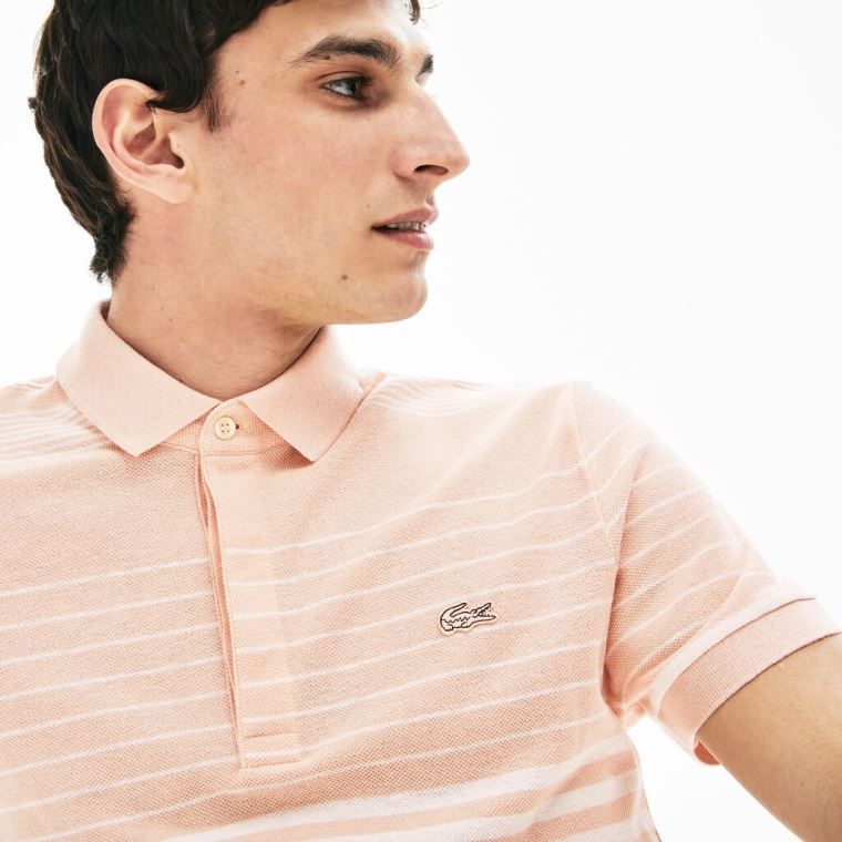 Lacoste Striped Linen And Bavlněné Regular Fit Polo Shirt Světle Růžové Bílé | DJCYngTU