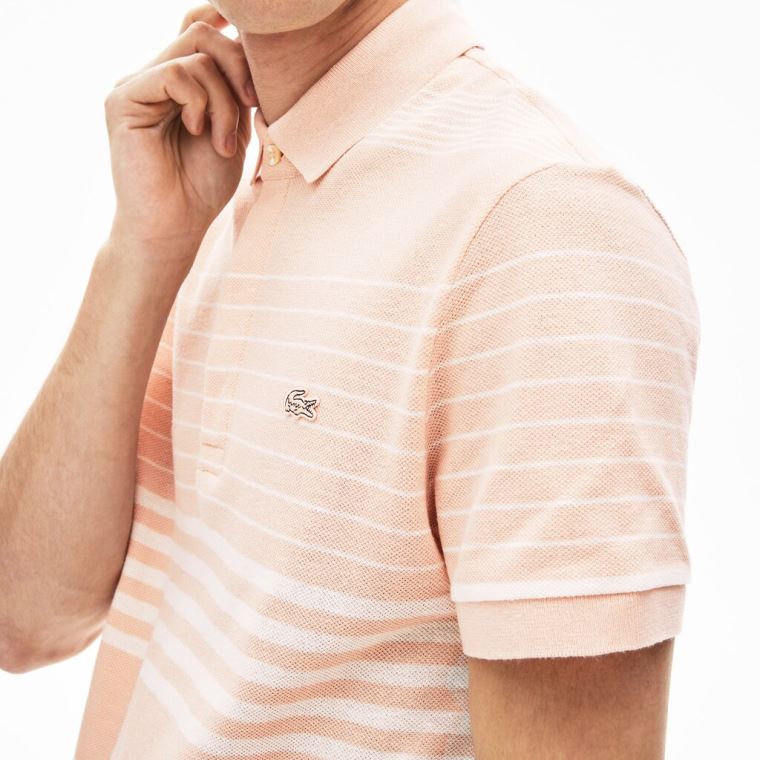 Lacoste Striped Linen And Bavlněné Regular Fit Polo Shirt Světle Růžové Bílé | DJCYngTU