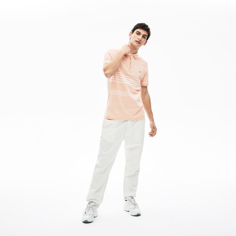 Lacoste Striped Linen And Bavlněné Regular Fit Polo Shirt Světle Růžové Bílé | DJCYngTU