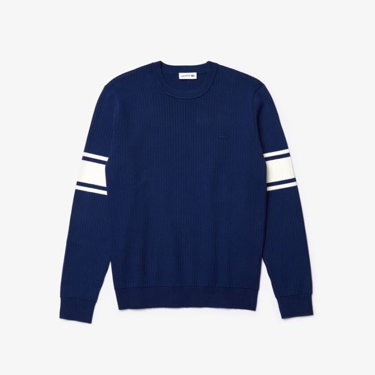 Lacoste Striped Sleeves Bavlněné And Linen Blend Crew Neck Svetrové Tmavě Blankyt Blankyt Bílé | ZZ67GgeV