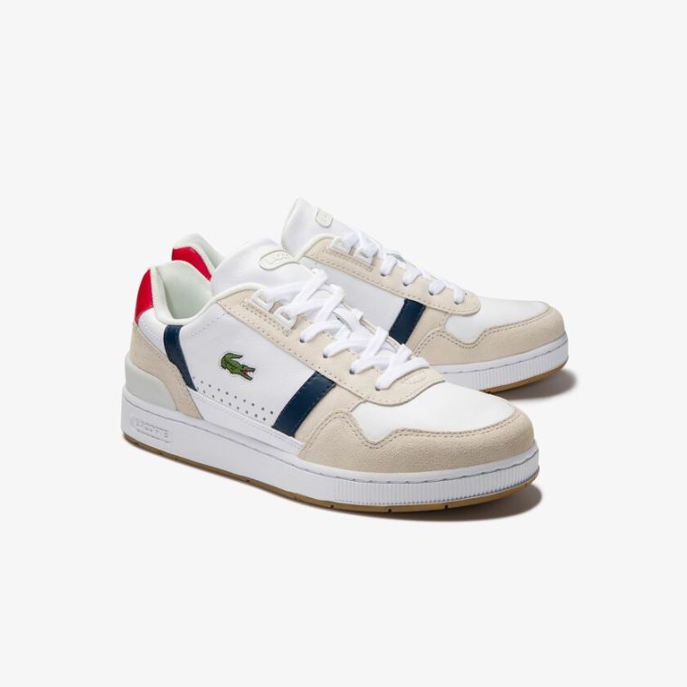 Lacoste T-Clip Tricolour Læder and Semišové Sneakers Bílé Béžový | UhB7PRkC