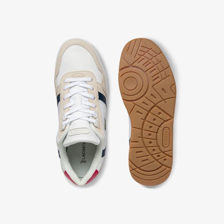 Lacoste T-Clip Tricolour Læder and Semišové Sneakers Bílé Béžový | UhB7PRkC