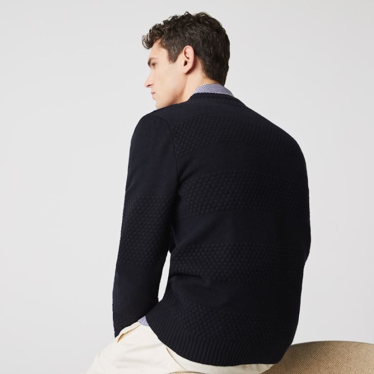 Lacoste Textured Striped Wool-Blend Svetrové Tmavě Blankyt Blankyt | slXaX0DR