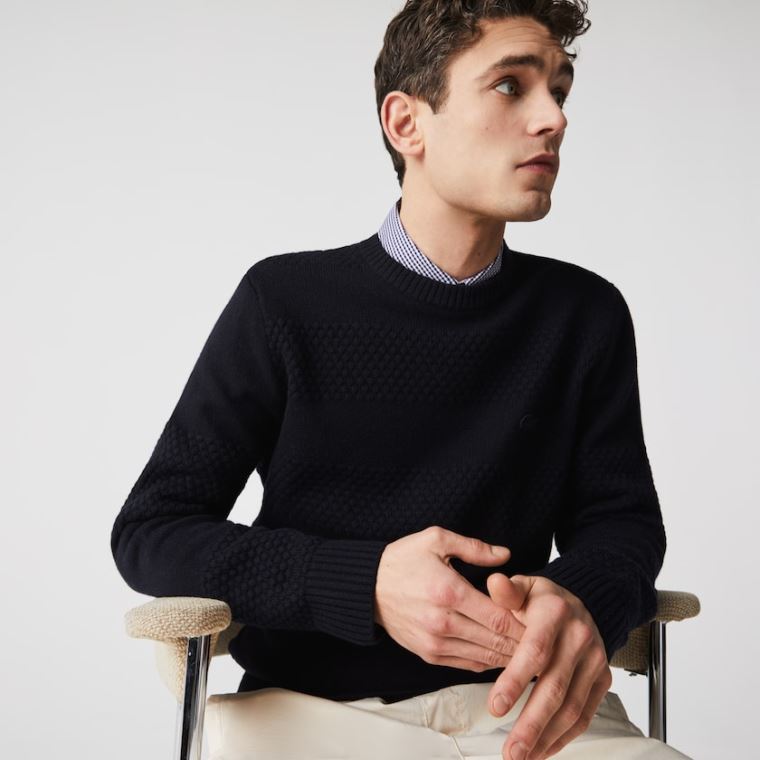 Lacoste Textured Striped Wool-Blend Svetrové Tmavě Blankyt Blankyt | slXaX0DR