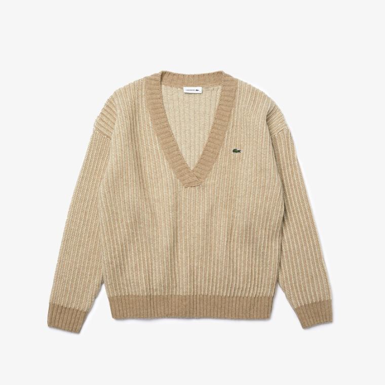 Lacoste Two-Tone Low V-Neck Ribbed Wool Svetrové Béžový | YqjS7wUA