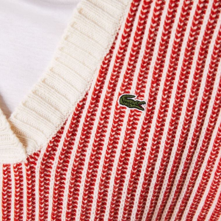 Lacoste Two-Tone Low V-Neck Ribbed Wool Svetrové Červené Béžový | c5vNOwGr