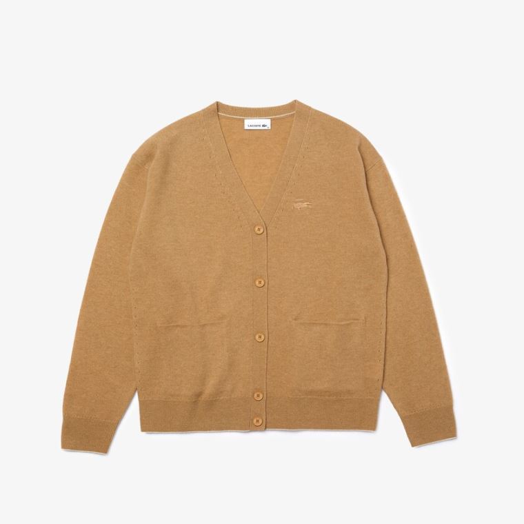 Lacoste V-Neck Buttoned Wool Cardigan Béžový | NgGNYzHw