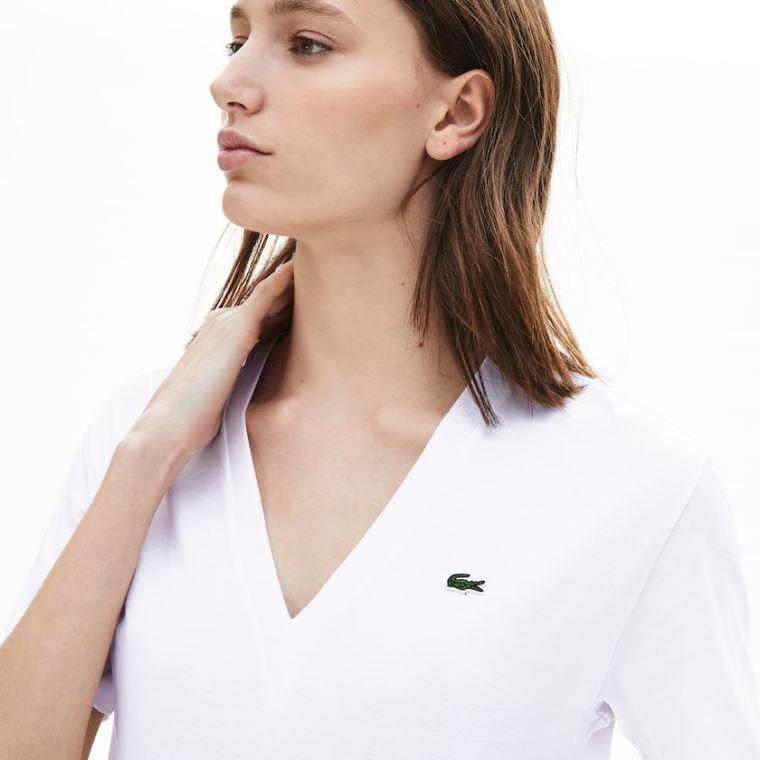 Lacoste V-Neck Premium Bavlněné T-shirt Bílé | VbeV06vq