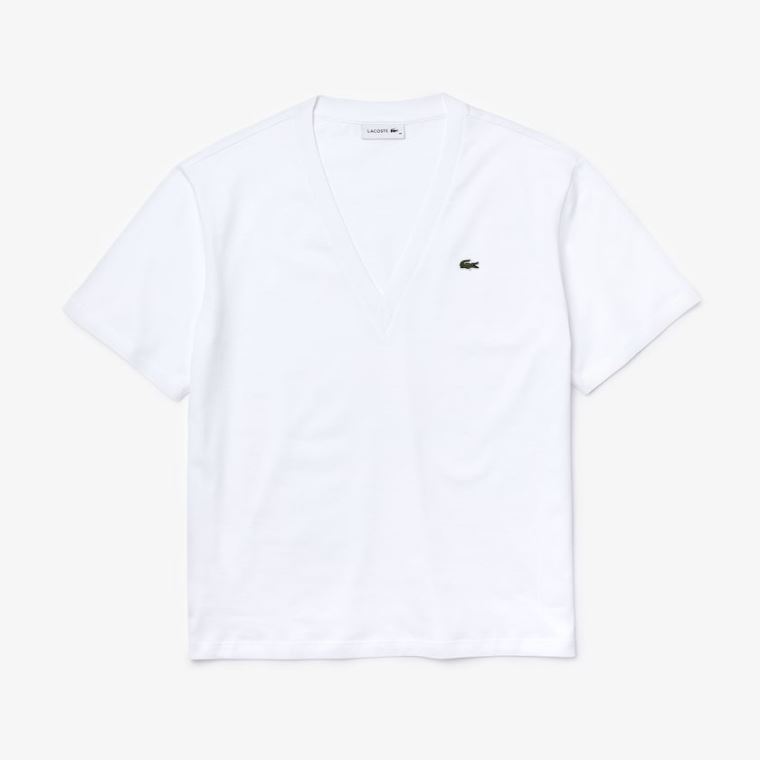 Lacoste V-Neck Premium Bavlněné T-shirt Bílé | VbeV06vq