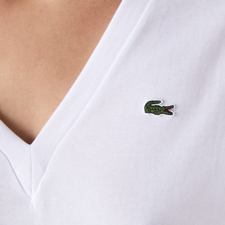 Lacoste V-Neck Premium Bavlněné T-shirt Bílé | VbeV06vq