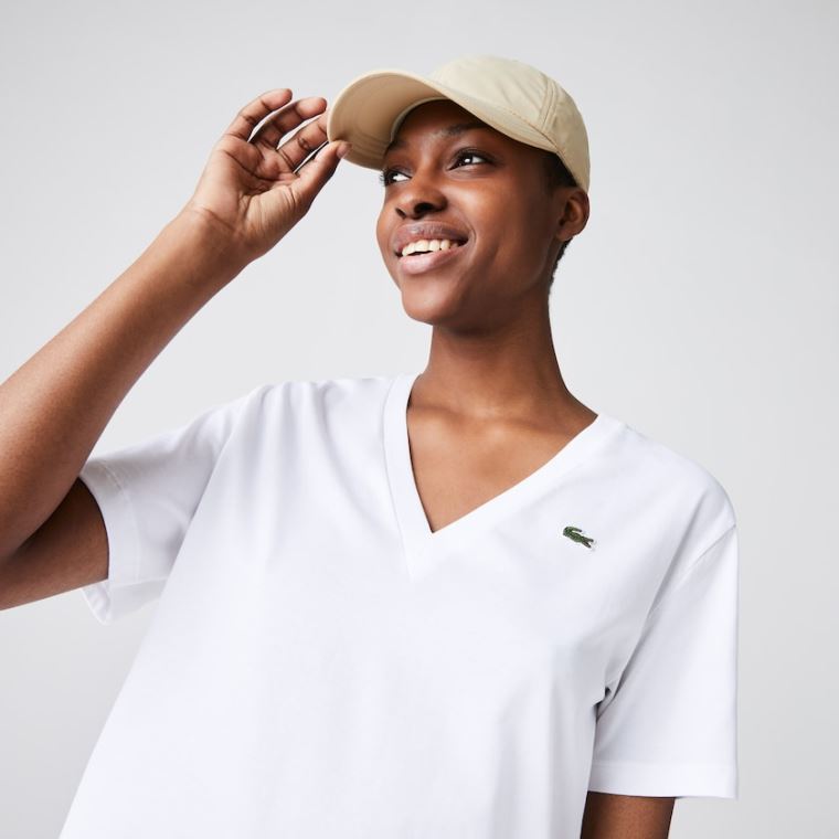 Lacoste V-Neck Premium Bavlněné T-shirt Bílé | VbeV06vq