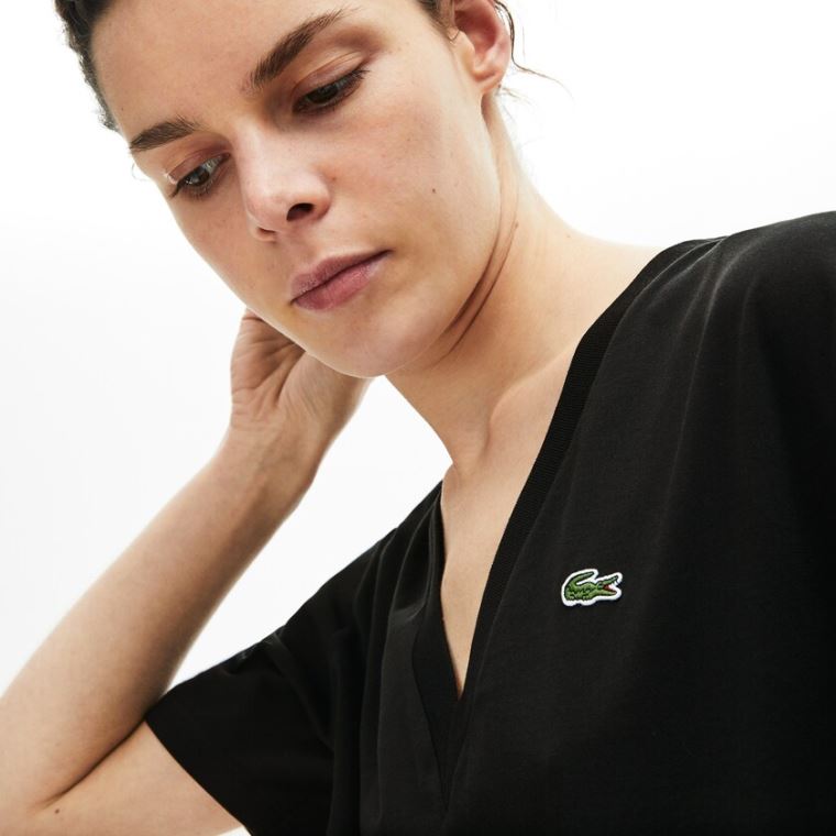 Lacoste V-Neck Premium Bavlněné T-shirt Černé | rlgMUfdQ