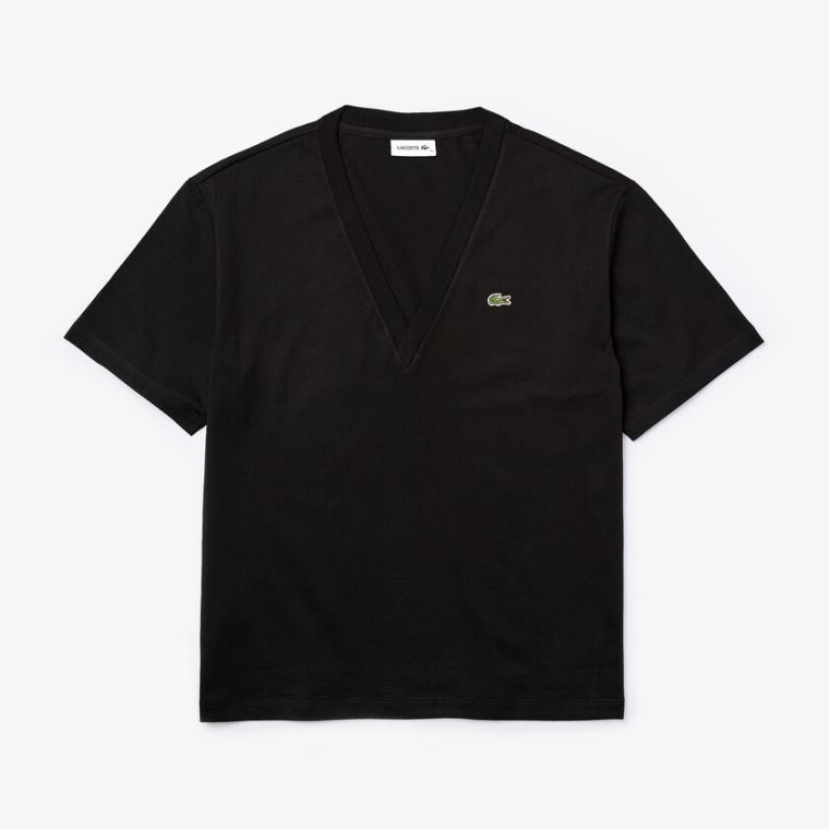 Lacoste V-Neck Premium Bavlněné T-shirt Černé | rlgMUfdQ