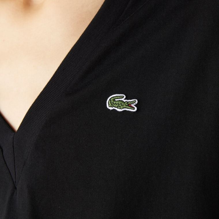 Lacoste V-Neck Premium Bavlněné T-shirt Černé | rlgMUfdQ