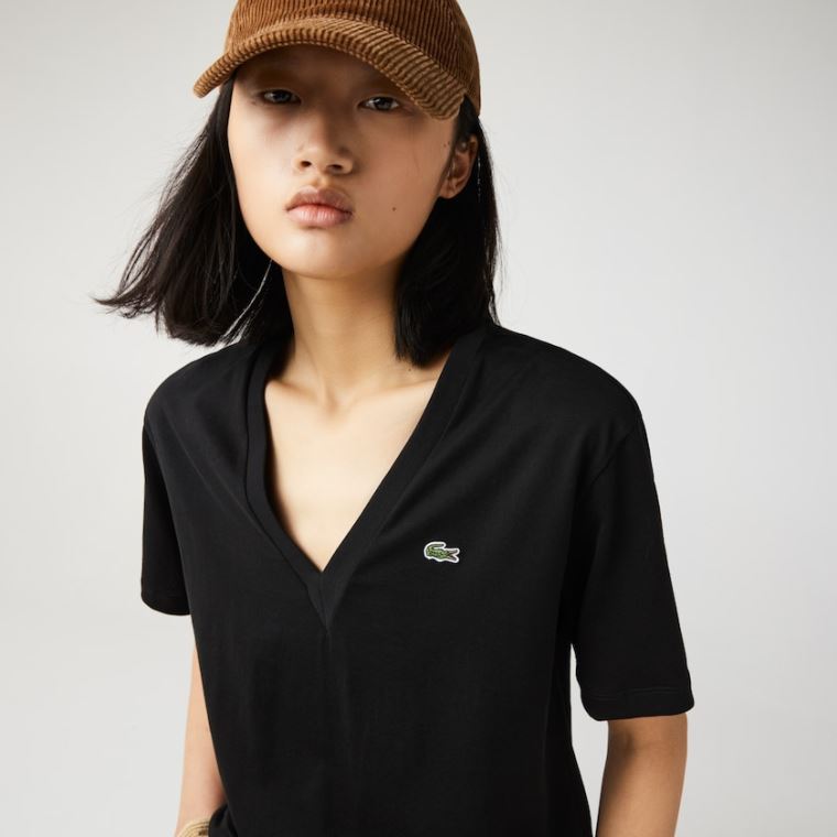 Lacoste V-Neck Premium Bavlněné T-shirt Černé | rlgMUfdQ