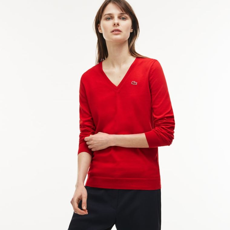 Lacoste V-neck Jersey Svetrové Červené | 4BoC7ly4