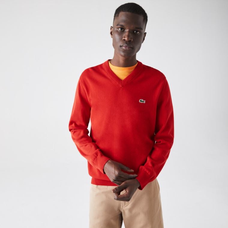 Lacoste V-neck Organic Bavlněné Svetrové Červené | ZYWkmcng