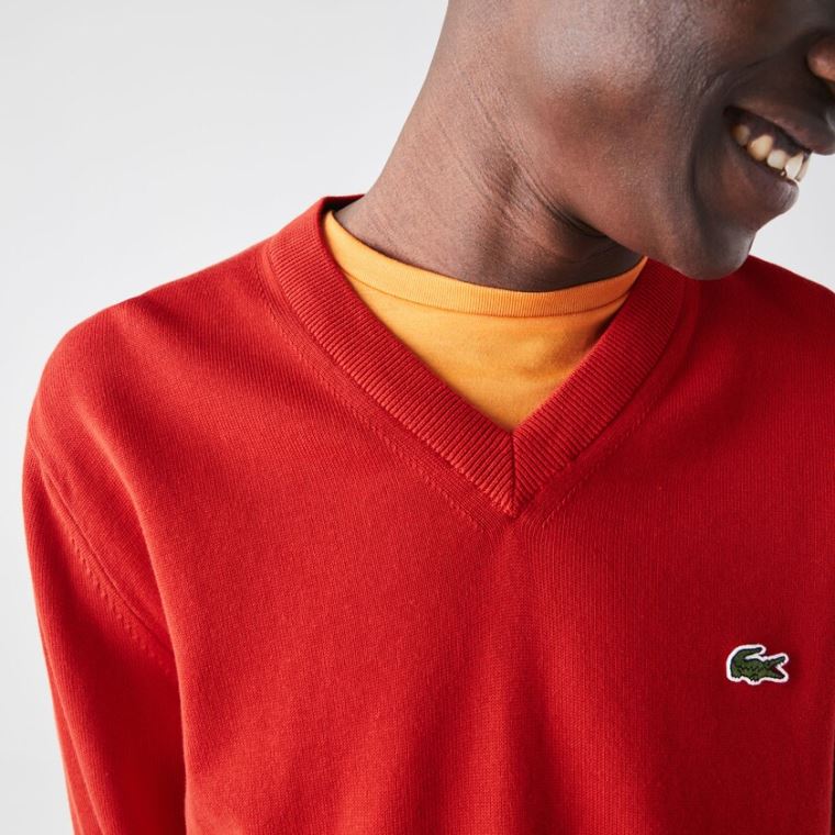 Lacoste V-neck Organic Bavlněné Svetrové Červené | ZYWkmcng