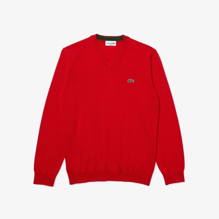 Lacoste V-neck Organic Bavlněné Svetrové Červené | ZYWkmcng