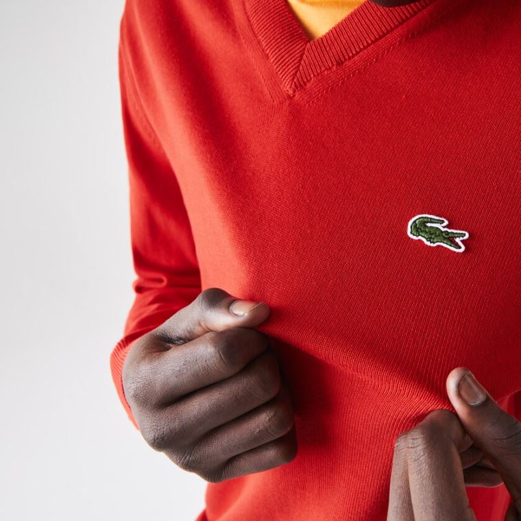 Lacoste V-neck Organic Bavlněné Svetrové Červené | ZYWkmcng