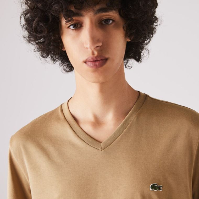 Lacoste V-neck Pima Bavlněné Jersey T-shirt Béžový | 9uk4N8W4