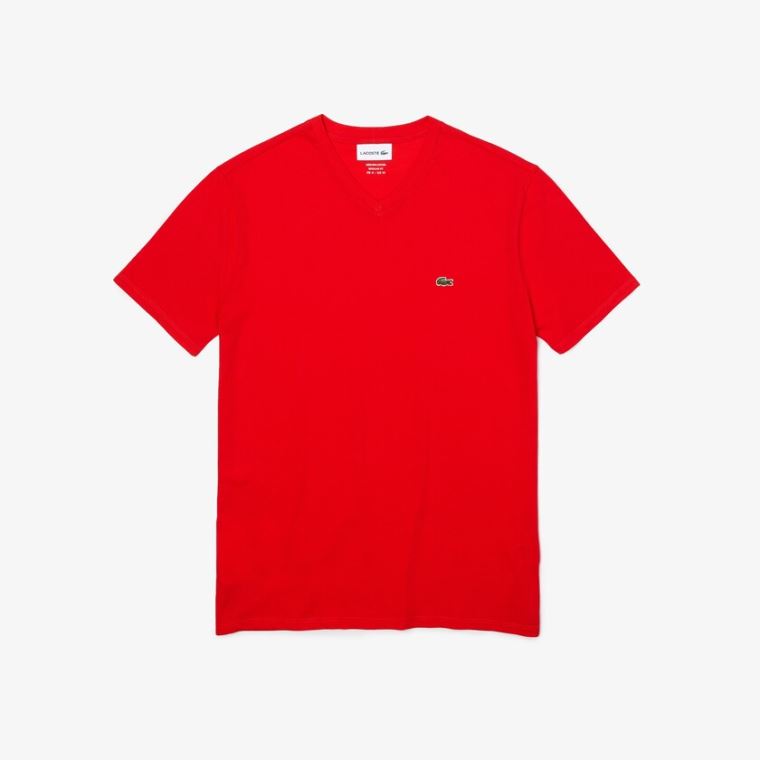 Lacoste V-neck Pima Bavlněné Jersey T-shirt Červené | H3HS7K7k