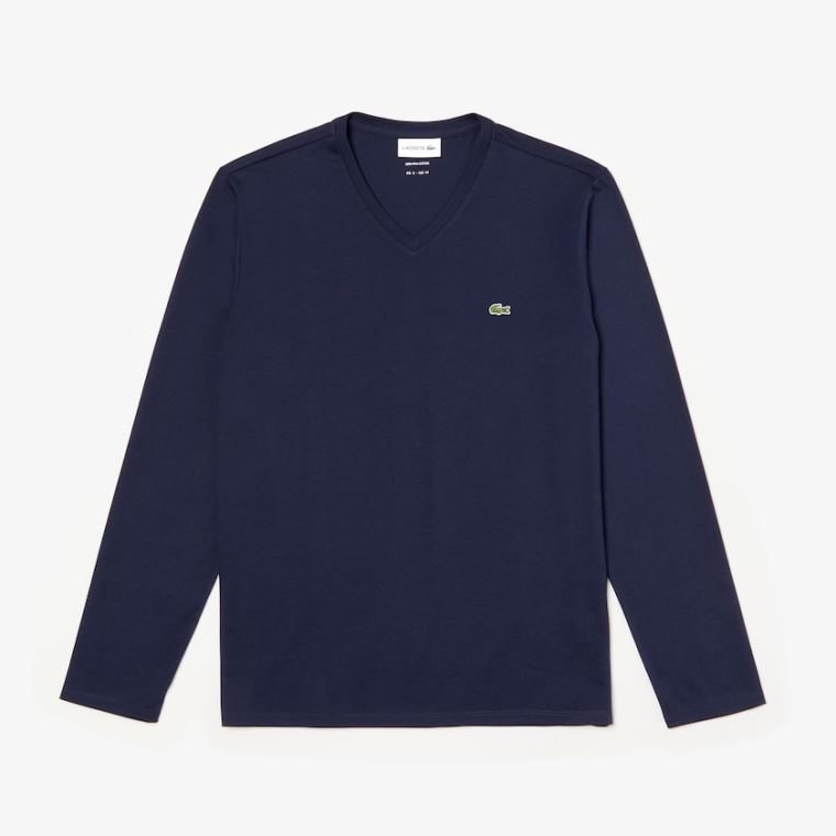 Lacoste V-neck Soft Bavlněné T-shirt Tmavě Blankyt Blankyt | bTKYFARF