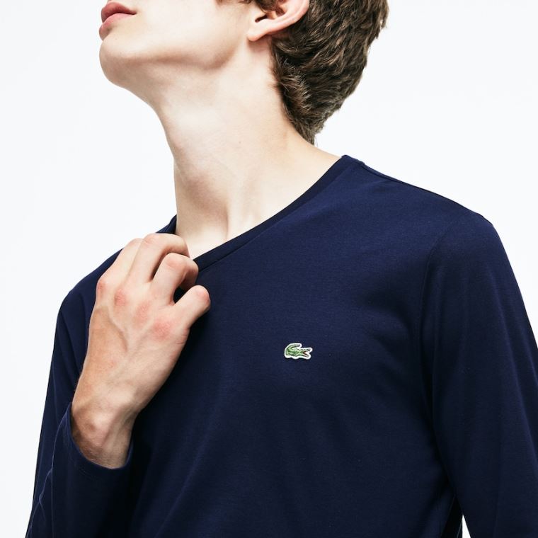 Lacoste V-neck Soft Bavlněné T-shirt Tmavě Blankyt Blankyt | bTKYFARF