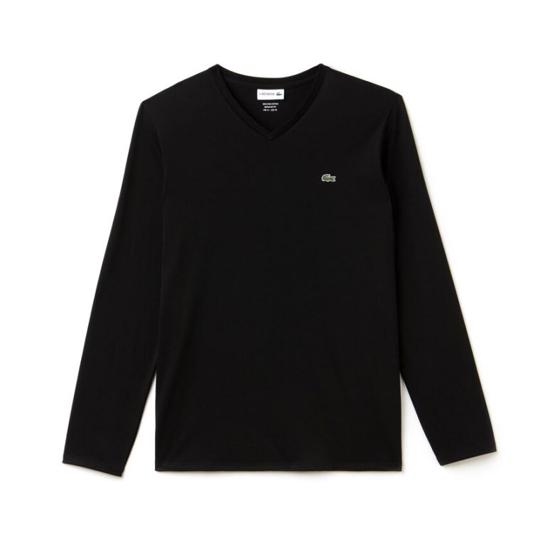 Lacoste V-neck Soft Bavlněné T-shirt Černé | G6TNitoD