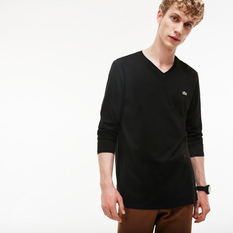 Lacoste V-neck Soft Bavlněné T-shirt Černé | G6TNitoD