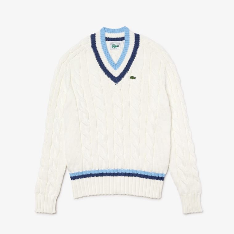 Lacoste V-neck Striped-Trim Cable-Knit Svetrové Bílé Blankyt | RHUhkr7r