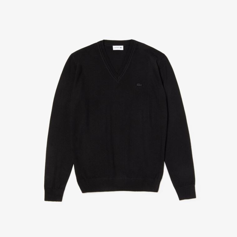 Lacoste V-neck Wool Jersey Svetrové Černé | auqMqmjK