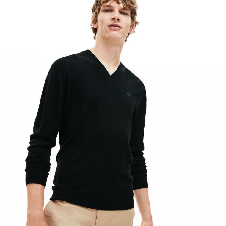 Lacoste V-neck Wool Jersey Svetrové Černé | auqMqmjK