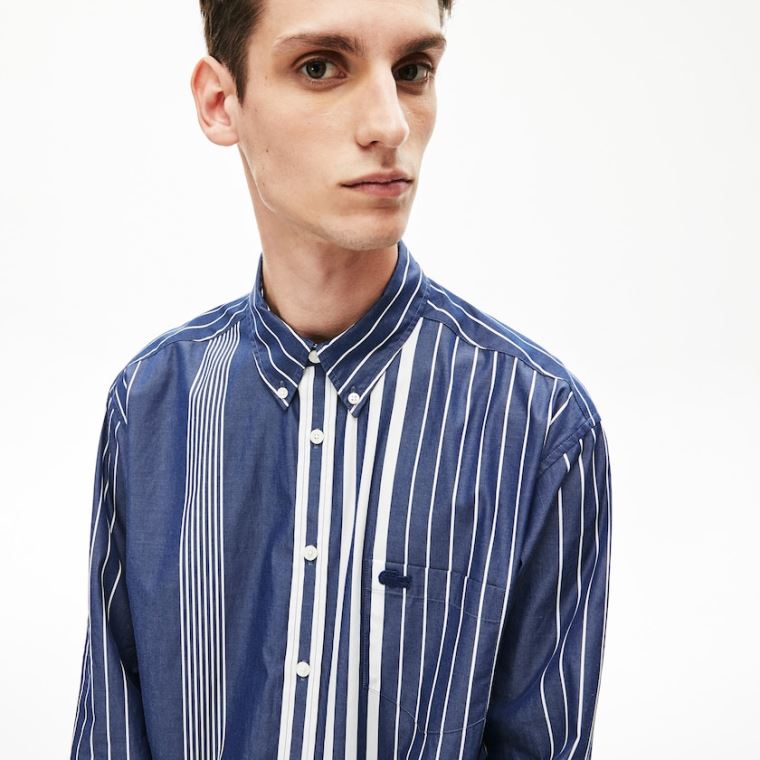 Lacoste Variegated-Stripe Relaxed Bavlněné Shirt Tmavě Blankyt Blankyt Bílé | 2ej4wBg7