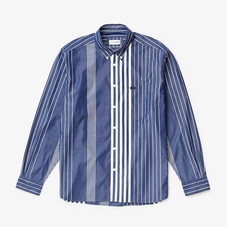 Lacoste Variegated-Stripe Relaxed Bavlněné Shirt Tmavě Blankyt Blankyt Bílé | 2ej4wBg7