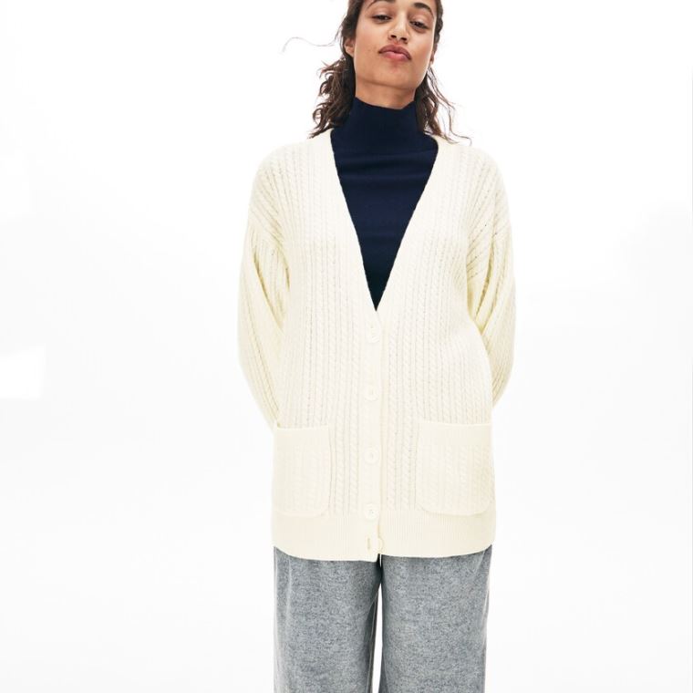 Lacoste Wool And Cashmere Blend Cable Knit Cardigan Bílé | pTaTwFWM