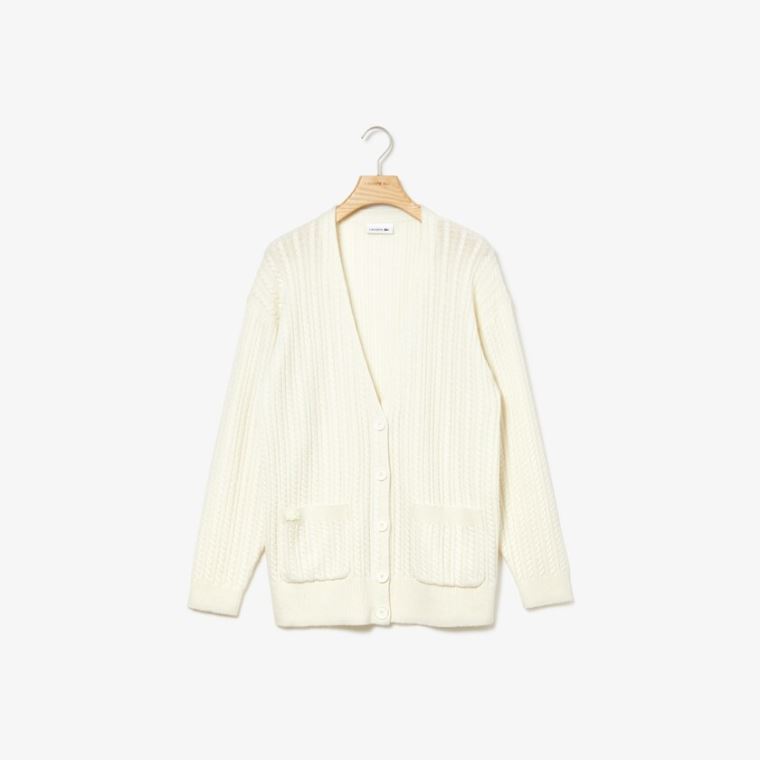 Lacoste Wool And Cashmere Blend Cable Knit Cardigan Bílé | pTaTwFWM