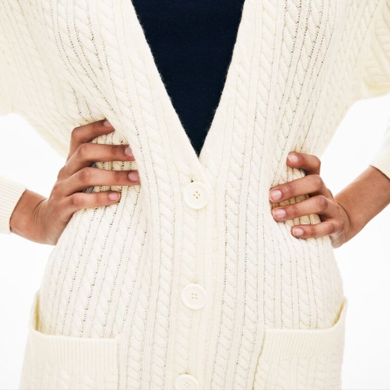 Lacoste Wool And Cashmere Blend Cable Knit Cardigan Bílé | pTaTwFWM