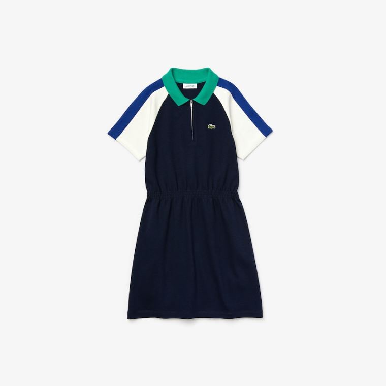 Lacoste Zippered Colorblock Bavlněné Polo Šaty Tmavě Blankyt Blankyt Bílé Blankyt Zelene | bL41R5YD